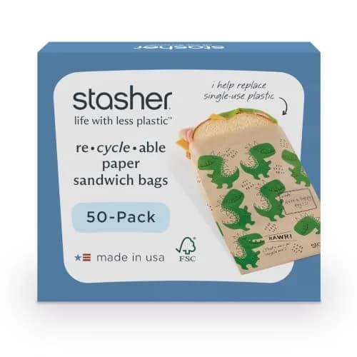 Stasher Recyclable Kraft Paper Sandwich Bags for Kids 50 ct Dino | Eco-Friendly, Reusable, Made in USA thumbnail 1