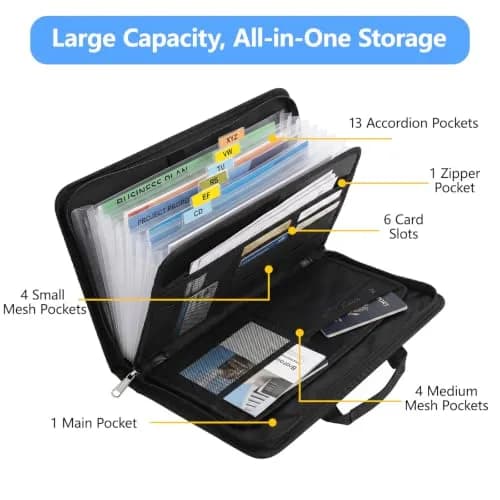WRIYES Fireproof Accordion File Organizer Bag A4 13 Pockets Black | Fire-Resistant Document Storage thumbnail 5