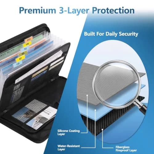 WRIYES Fireproof Accordion File Organizer Bag A4 13 Pockets Black | Fire-Resistant Document Storage thumbnail 3