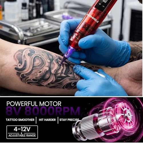 Wormhole Wireless Tattoo Gun Kit for Beginners with 1800mAh Battery & Blue Algae Cleanser (Red) thumbnail 4