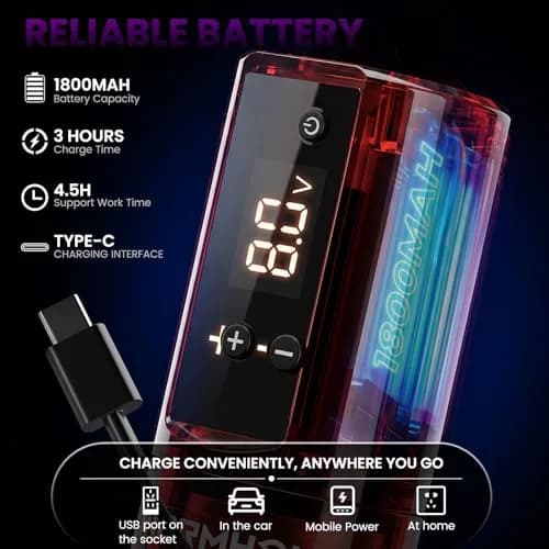Wormhole Wireless Tattoo Gun Kit for Beginners with 1800mAh Battery & Blue Algae Cleanser (Red) thumbnail 5