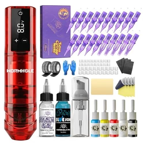 Wormhole Wireless Tattoo Gun Kit for Beginners with 1800mAh Battery & Blue Algae Cleanser (Red) thumbnail 1