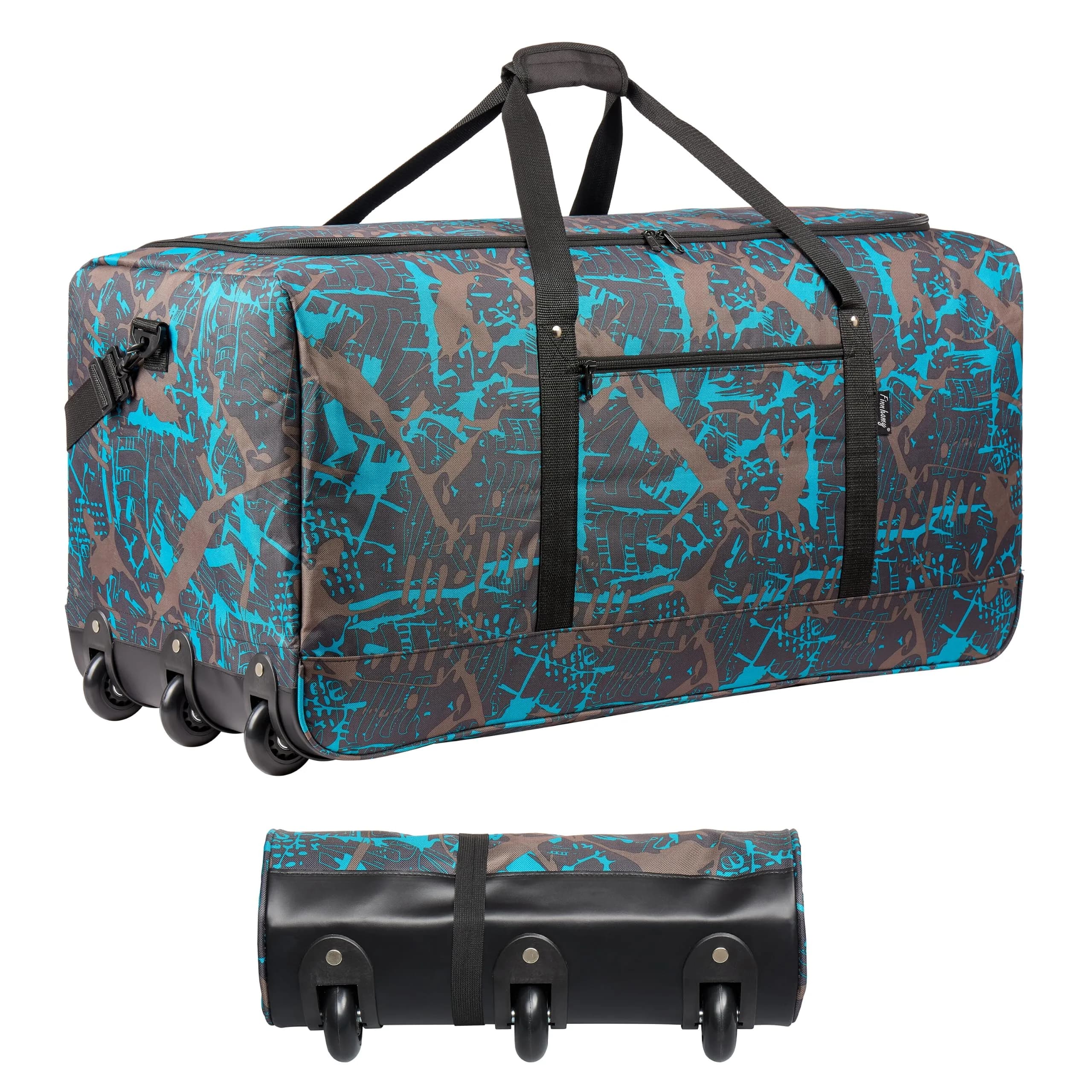 Finnhomy 120L Foldable Rolling Duffel Bag with 3 Wheels | Large Capacity Travel Duffel (Graffiti-blue, 32.3in)
