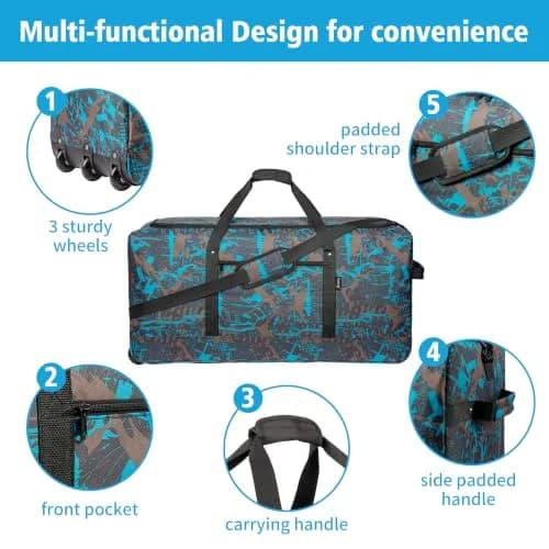 Finnhomy 120L Foldable Rolling Duffel Bag with 3 Wheels | Large Capacity Travel Duffel (Graffiti-blue, 32.3in) thumbnail 3