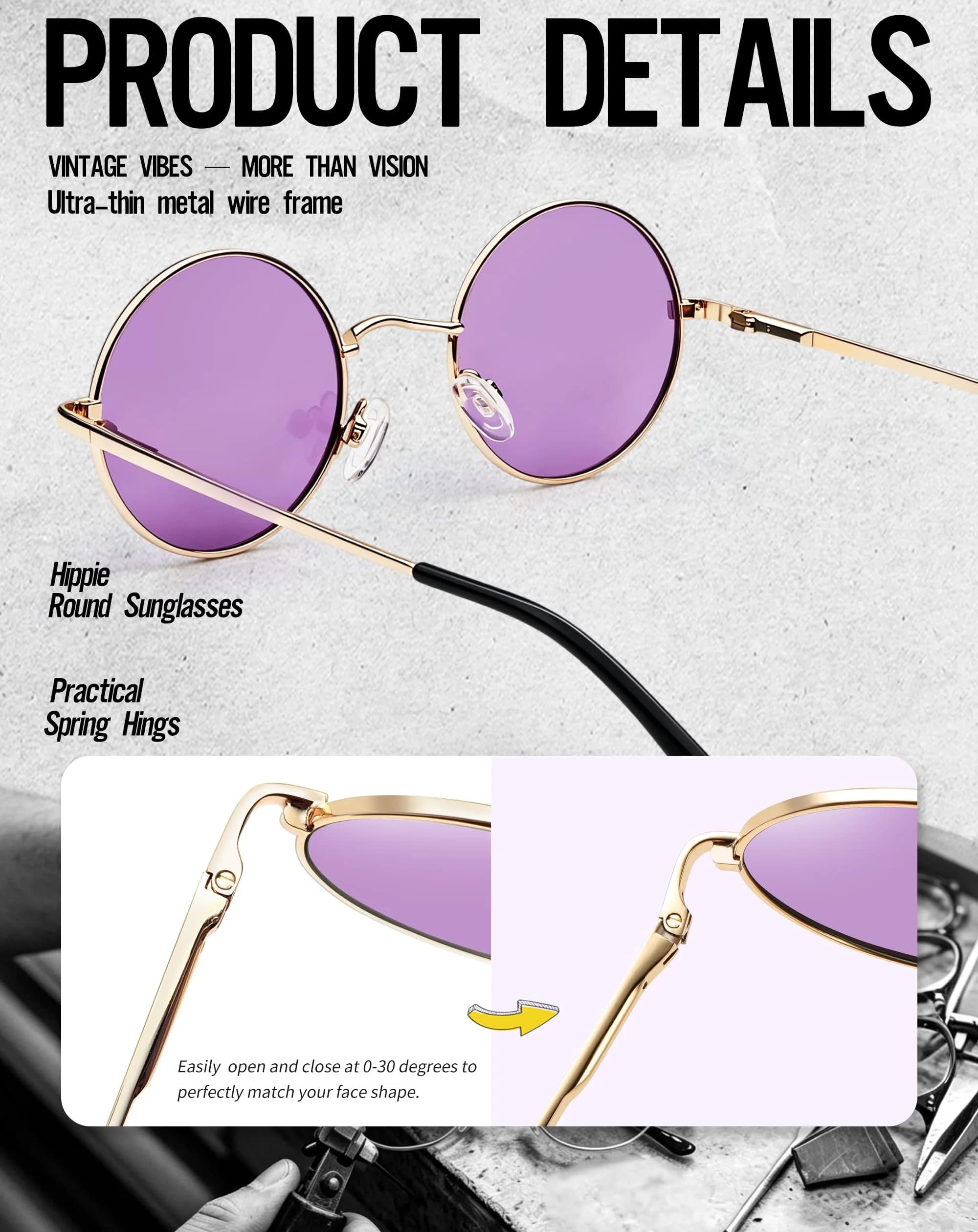 Joopin Gold Tinted Purple Small Round Metal Sunglasses with UV400 Protection - view 4