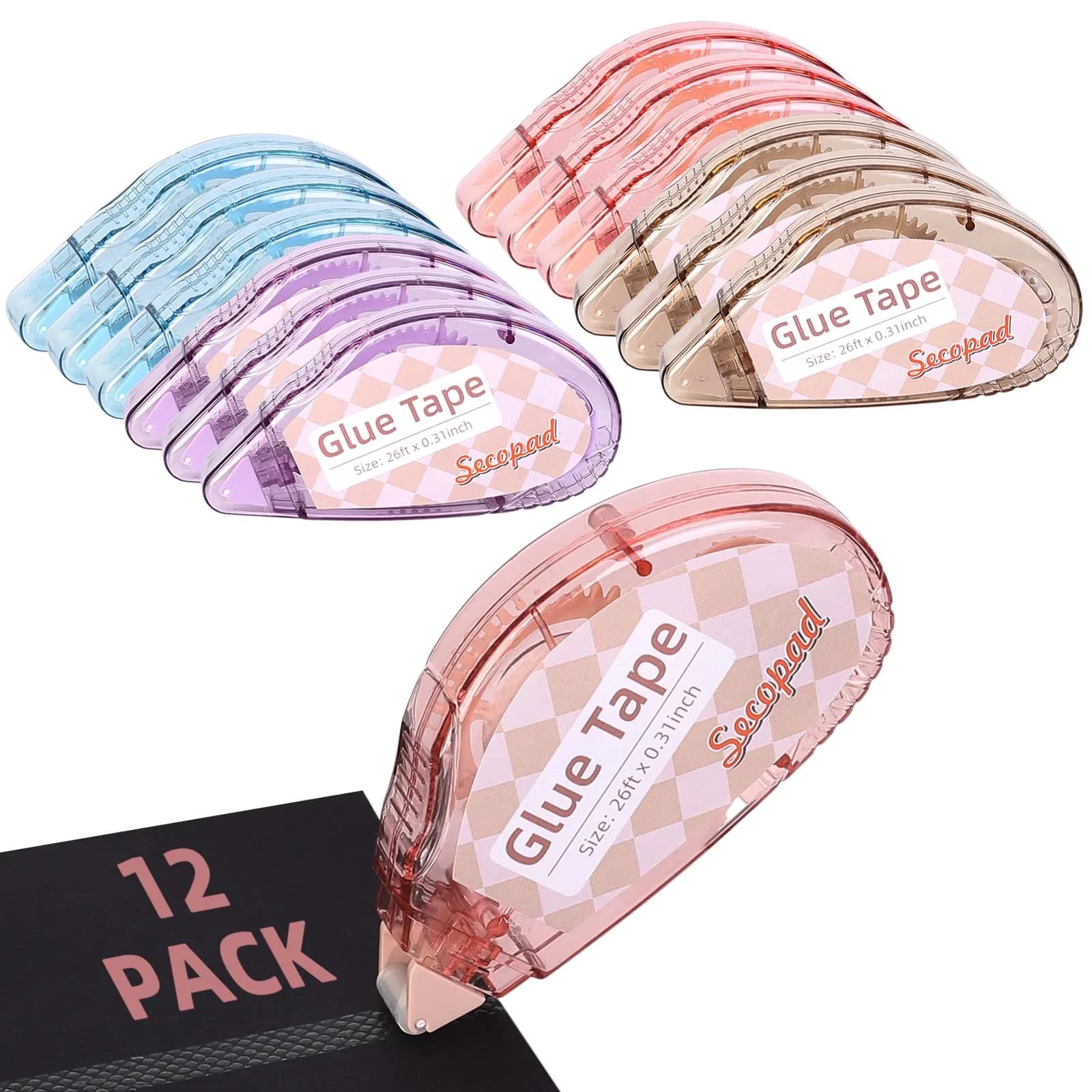 Secopad Double Sided Tape Roller 12 Pack | 0.3in x 26ft Each, Clear Light-Colored Shell