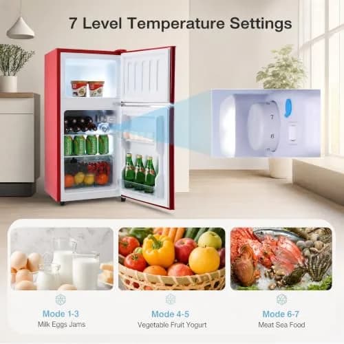 BINMIT Retro Mini Fridge with Freezer 3.5 Cu. Ft | Vintage Style, Compact Dual Door, Adjustable Thermostat, Quiet Operation, Red thumbnail 4