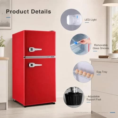 BINMIT Retro Mini Fridge with Freezer 3.5 Cu. Ft | Vintage Style, Compact Dual Door, Adjustable Thermostat, Quiet Operation, Red thumbnail 5