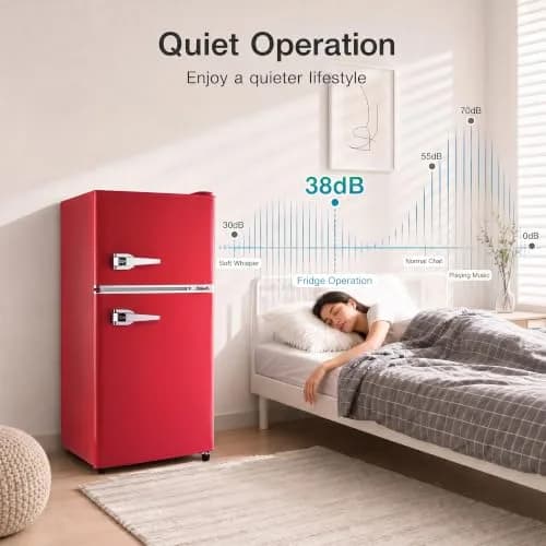 BINMIT Retro Mini Fridge with Freezer 3.5 Cu. Ft | Vintage Style, Compact Dual Door, Adjustable Thermostat, Quiet Operation, Red thumbnail 6