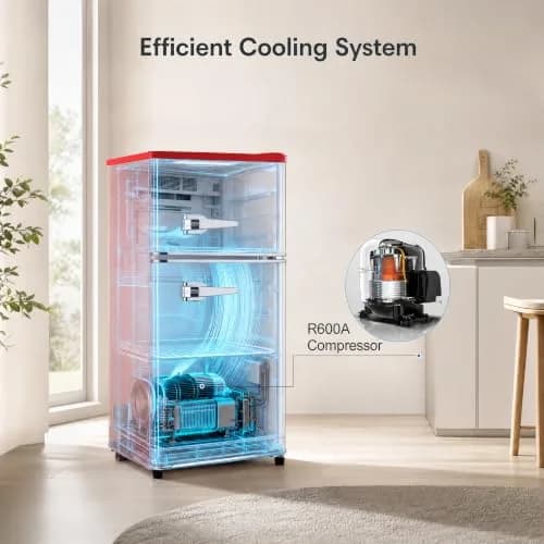 BINMIT Retro Mini Fridge with Freezer 3.5 Cu. Ft | Vintage Style, Compact Dual Door, Adjustable Thermostat, Quiet Operation, Red thumbnail 7