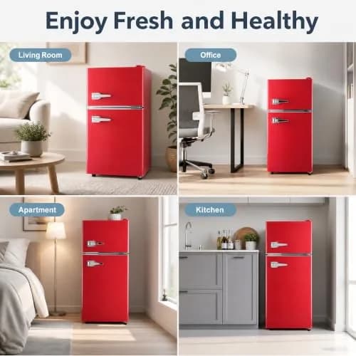 BINMIT Retro Mini Fridge with Freezer 3.5 Cu. Ft | Vintage Style, Compact Dual Door, Adjustable Thermostat, Quiet Operation, Red thumbnail 8