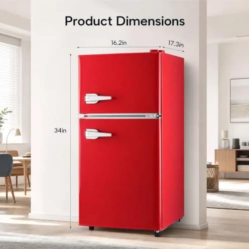BINMIT Retro Mini Fridge with Freezer 3.5 Cu. Ft | Vintage Style, Compact Dual Door, Adjustable Thermostat, Quiet Operation, Red thumbnail 2