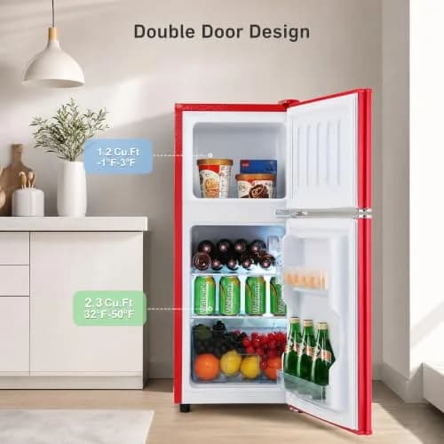 BINMIT Retro Mini Fridge with Freezer 3.5 Cu. Ft | Vintage Style, Compact Dual Door, Adjustable Thermostat, Quiet Operation, Red thumbnail 3