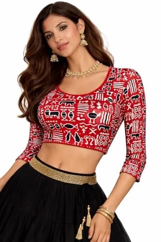 Fressia Fabrics Stretchable Cotton Saree Blouse Round Neck 3/4 Sleeve 120g (4.2oz) — Multi3