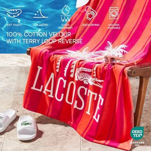 Lacoste 100% Cotton Oversized Beach Towel Palm Trees/Coral 183cm (72"L x 36"W) thumbnail 4