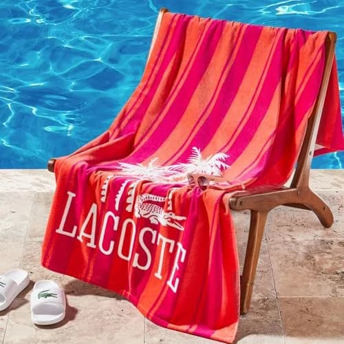 Lacoste 100% Cotton Oversized Beach Towel Palm Trees/Coral 183cm (72"L x 36"W) thumbnail 2