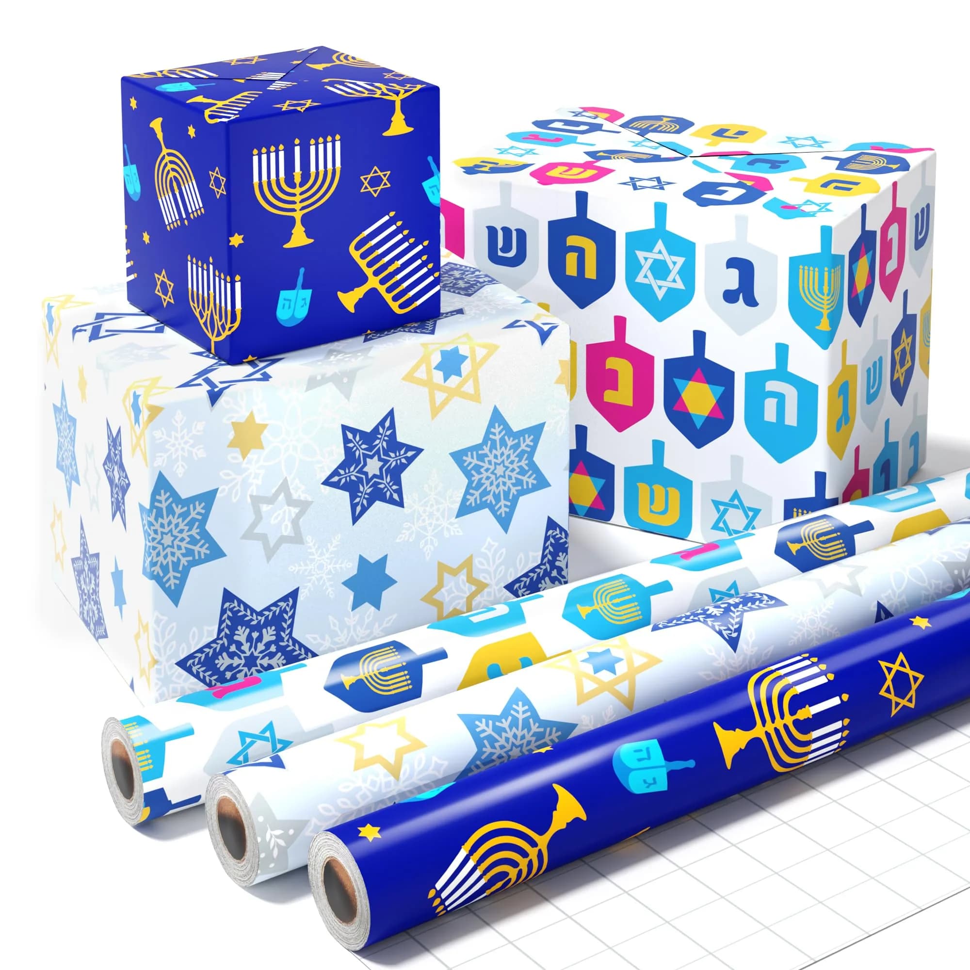 WERNNSAI Metallic Foil Hanukkah Wrapping Paper - 3 x 10 Ft Festive Gift Wrap with Gold Menorahs & Snowflakes