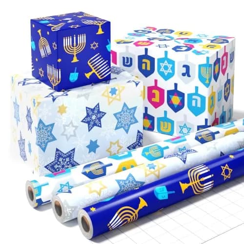 WERNNSAI Metallic Foil Hanukkah Wrapping Paper - 3 x 10 Ft Festive Gift Wrap with Gold Menorahs & Snowflakes thumbnail 1