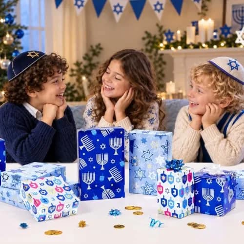 WERNNSAI Metallic Foil Hanukkah Wrapping Paper - 3 x 10 Ft Festive Gift Wrap with Gold Menorahs & Snowflakes thumbnail 5