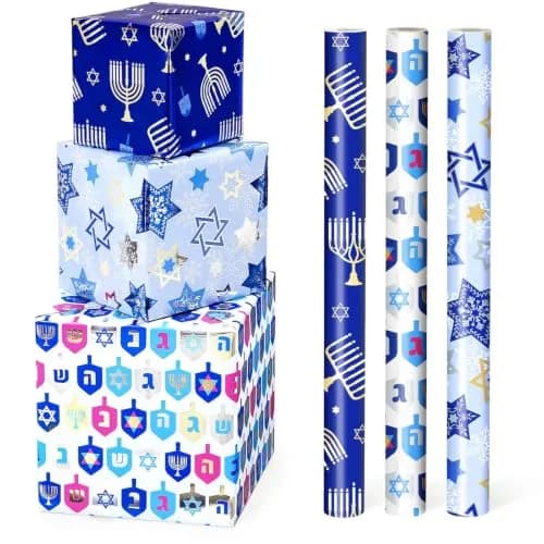 WERNNSAI Metallic Foil Hanukkah Wrapping Paper - 3 x 10 Ft Festive Gift Wrap with Gold Menorahs & Snowflakes thumbnail 6