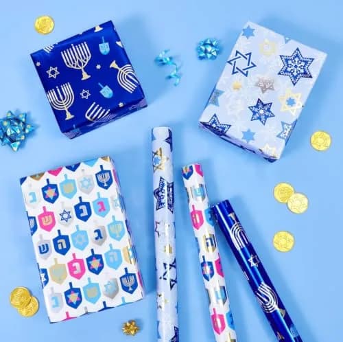 WERNNSAI Metallic Foil Hanukkah Wrapping Paper - 3 x 10 Ft Festive Gift Wrap with Gold Menorahs & Snowflakes thumbnail 7