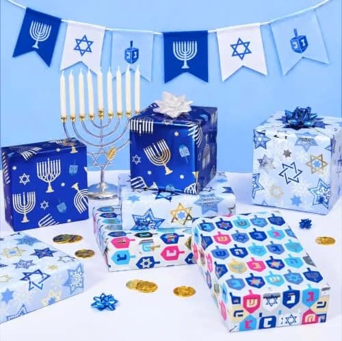 WERNNSAI Metallic Foil Hanukkah Wrapping Paper - 3 x 10 Ft Festive Gift Wrap with Gold Menorahs & Snowflakes thumbnail 8