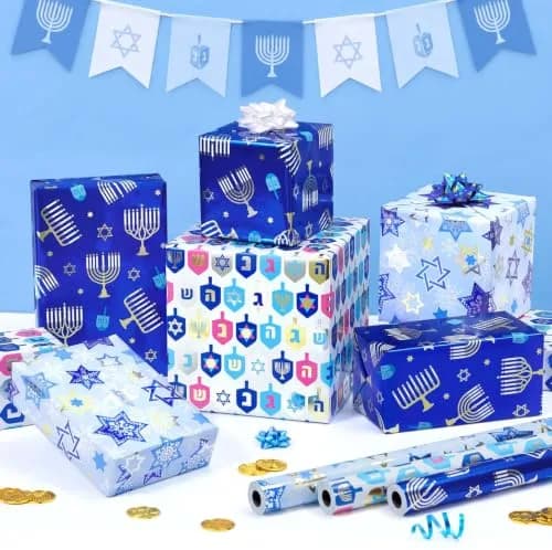 WERNNSAI Metallic Foil Hanukkah Wrapping Paper - 3 x 10 Ft Festive Gift Wrap with Gold Menorahs & Snowflakes thumbnail 2