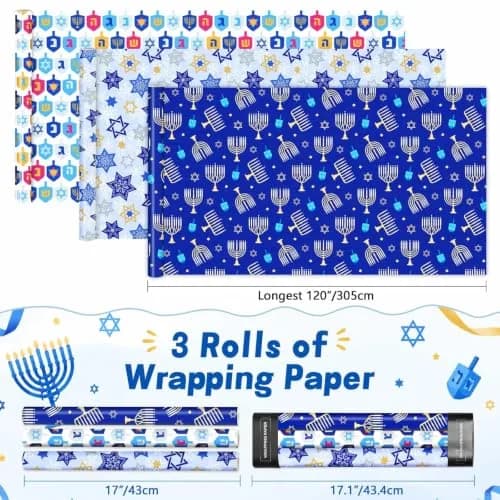 WERNNSAI Metallic Foil Hanukkah Wrapping Paper - 3 x 10 Ft Festive Gift Wrap with Gold Menorahs & Snowflakes thumbnail 3