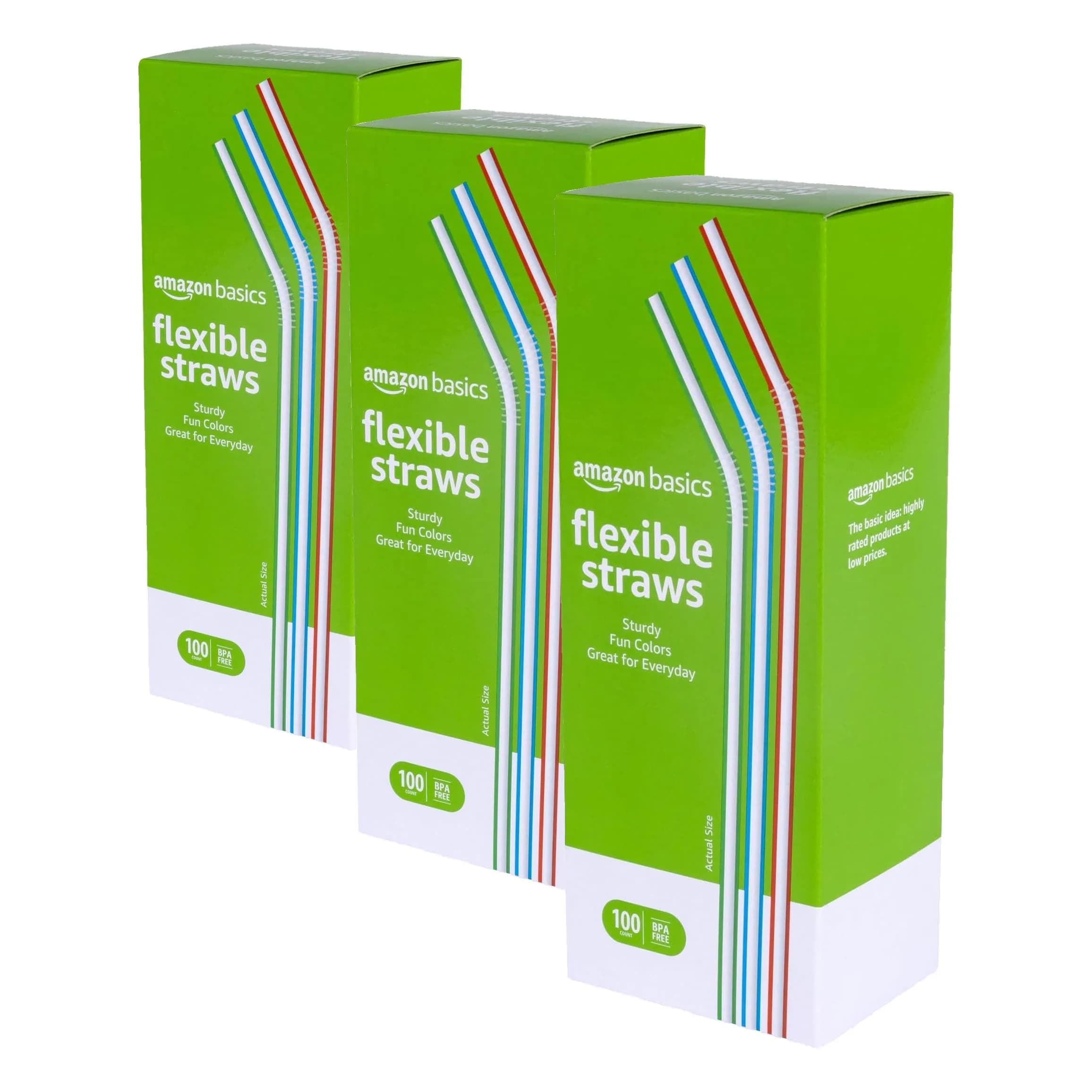 Amazon Basics Disposable Striped Flex Straws 300 Count | Food-Grade Plastic, BPA-Free