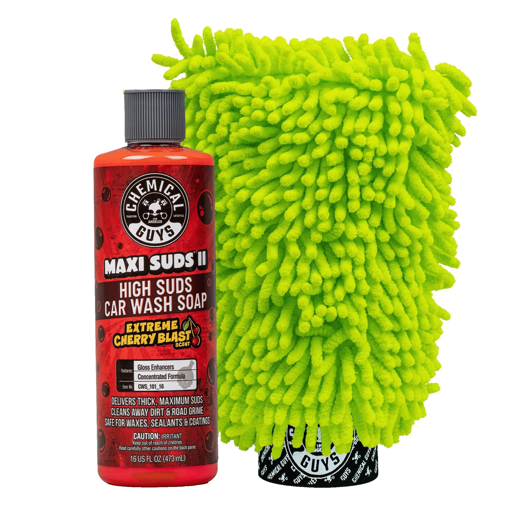 Chemical Guys Maxi Suds II Car Wash Soap & Chenille Mitt Bundle, Cherry Scent, 473ml (16 fl oz) | pH-Balanced, Scratch-Free Wash — Cherry Scent