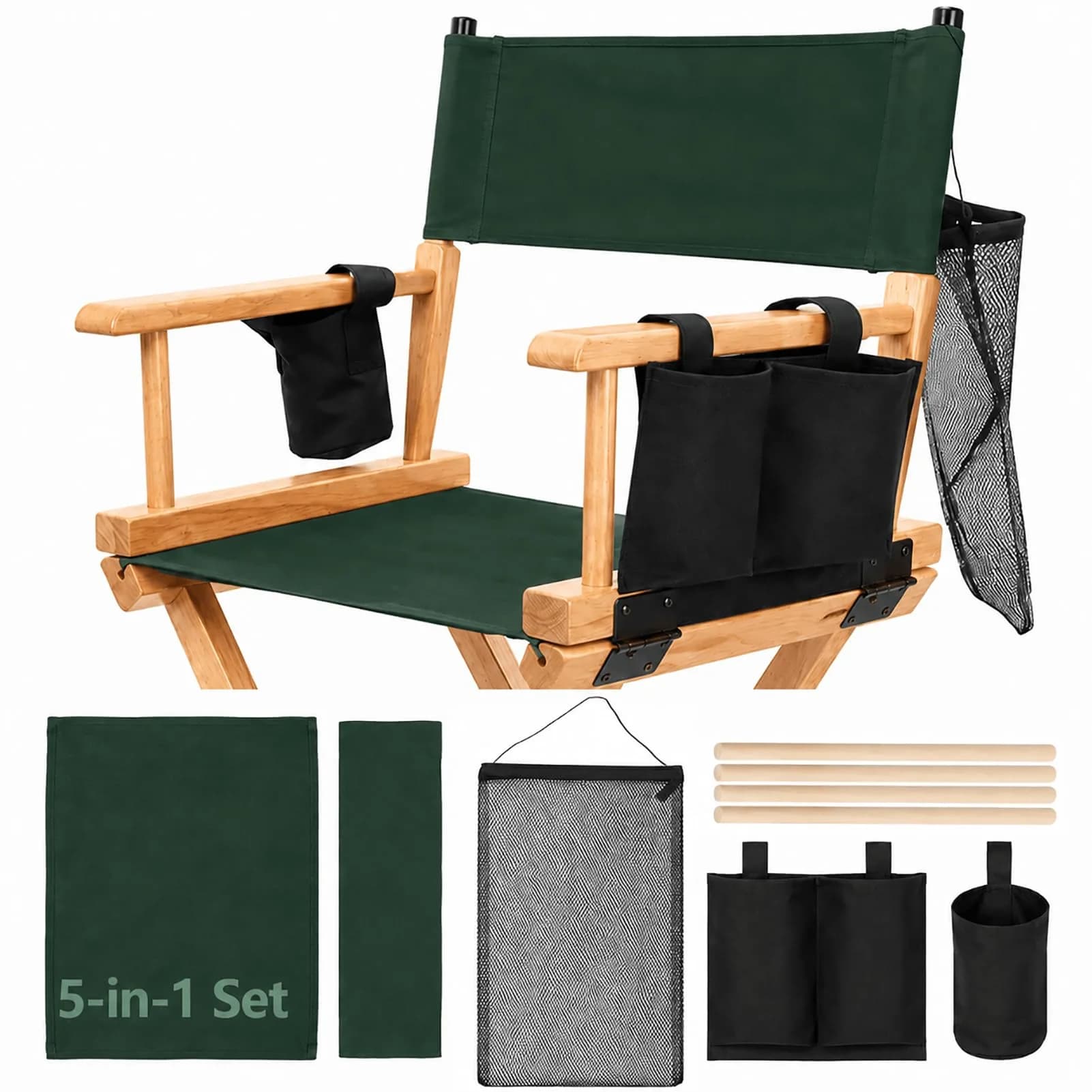 STAY GENT Director Chair Replacement Canvas Set with Storage Bags - Green | 5-in-1 Upgrade for Makeup Artist Chairs — Green