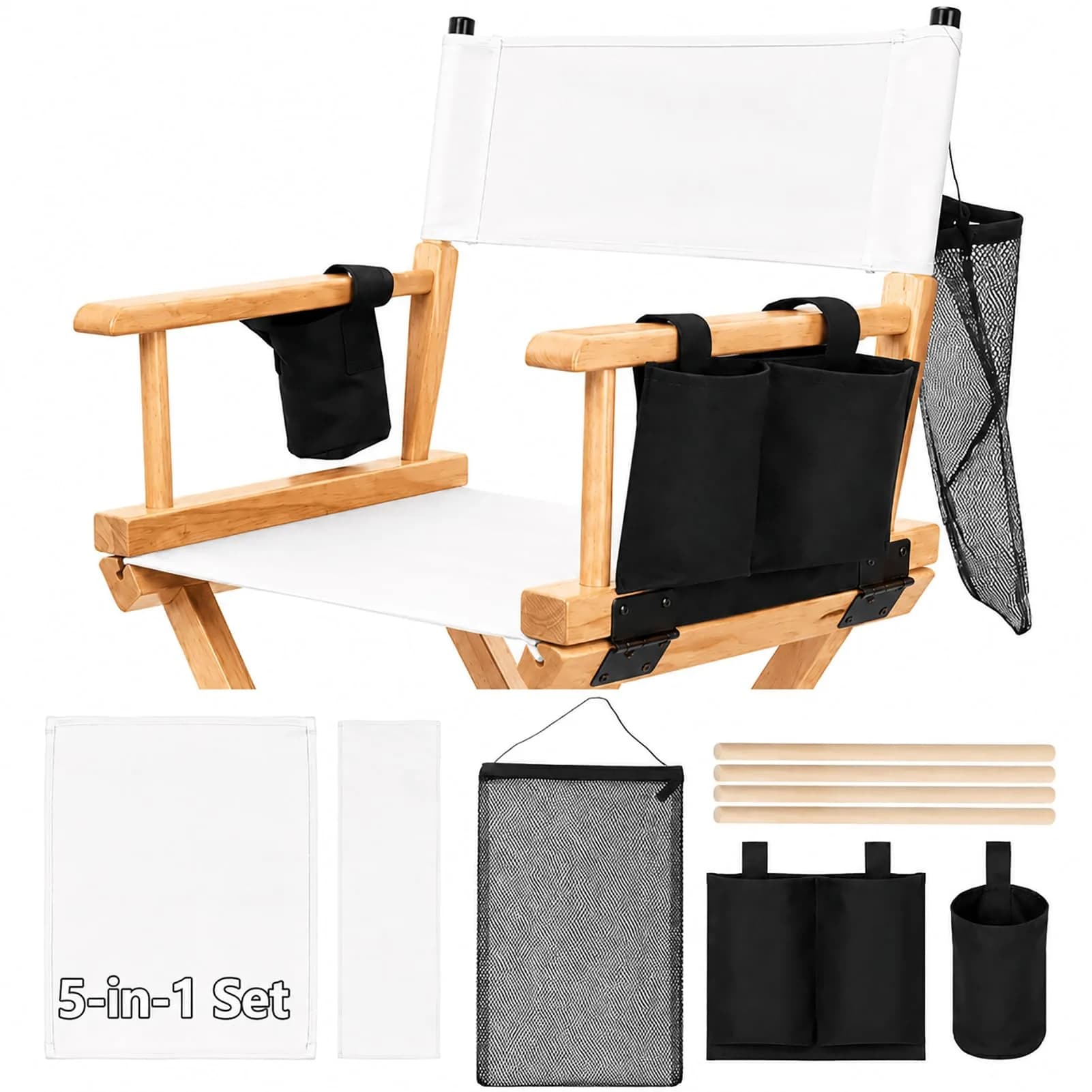 STAY GENT Director Chair Replacement Canvas Set with Storage - White | 5-in-1 Upgrade for Makeup Artist Chairs