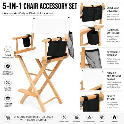 STAY GENT Director Chair Replacement Canvas Set with Storage - White | 5-in-1 Upgrade for Makeup Artist Chairs thumbnail 3