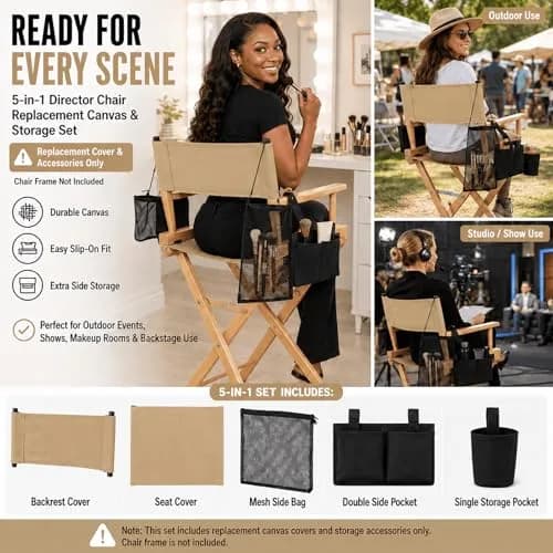STAY GENT Director Chair Replacement Canvas Set with Storage Bags - Khaki | 5-in-1 Kit for Makeup Artist Chairs thumbnail 5