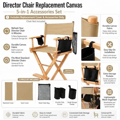 STAY GENT Director Chair Replacement Canvas Set with Storage Bags - Khaki | 5-in-1 Kit for Makeup Artist Chairs thumbnail 9