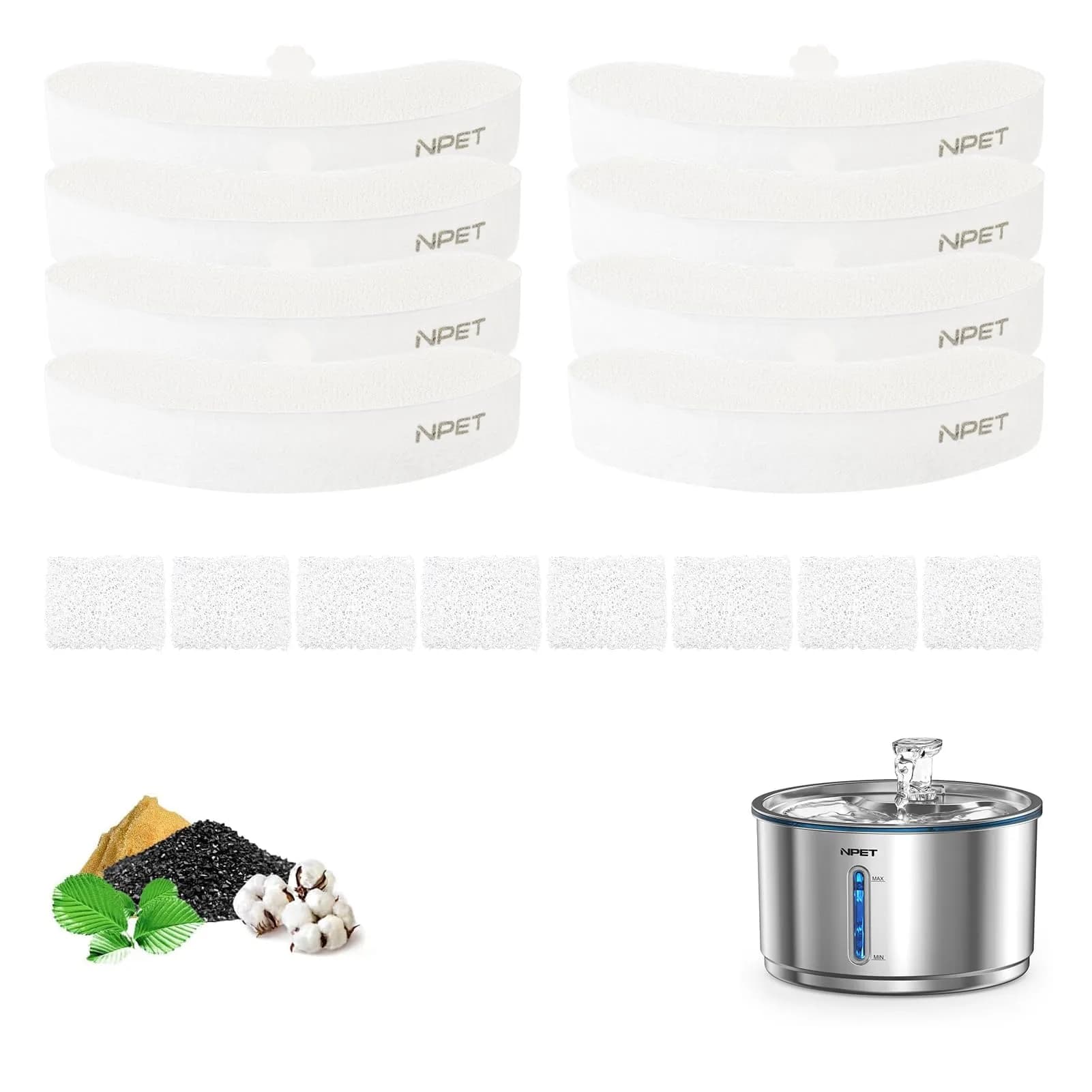 NPET Upgraded Design 4 Pack Replacement Filters & Sponges for WF050/WF100/WF210 Cat Fountain | 5-Stage Filtration — 8pcs for WF210plus