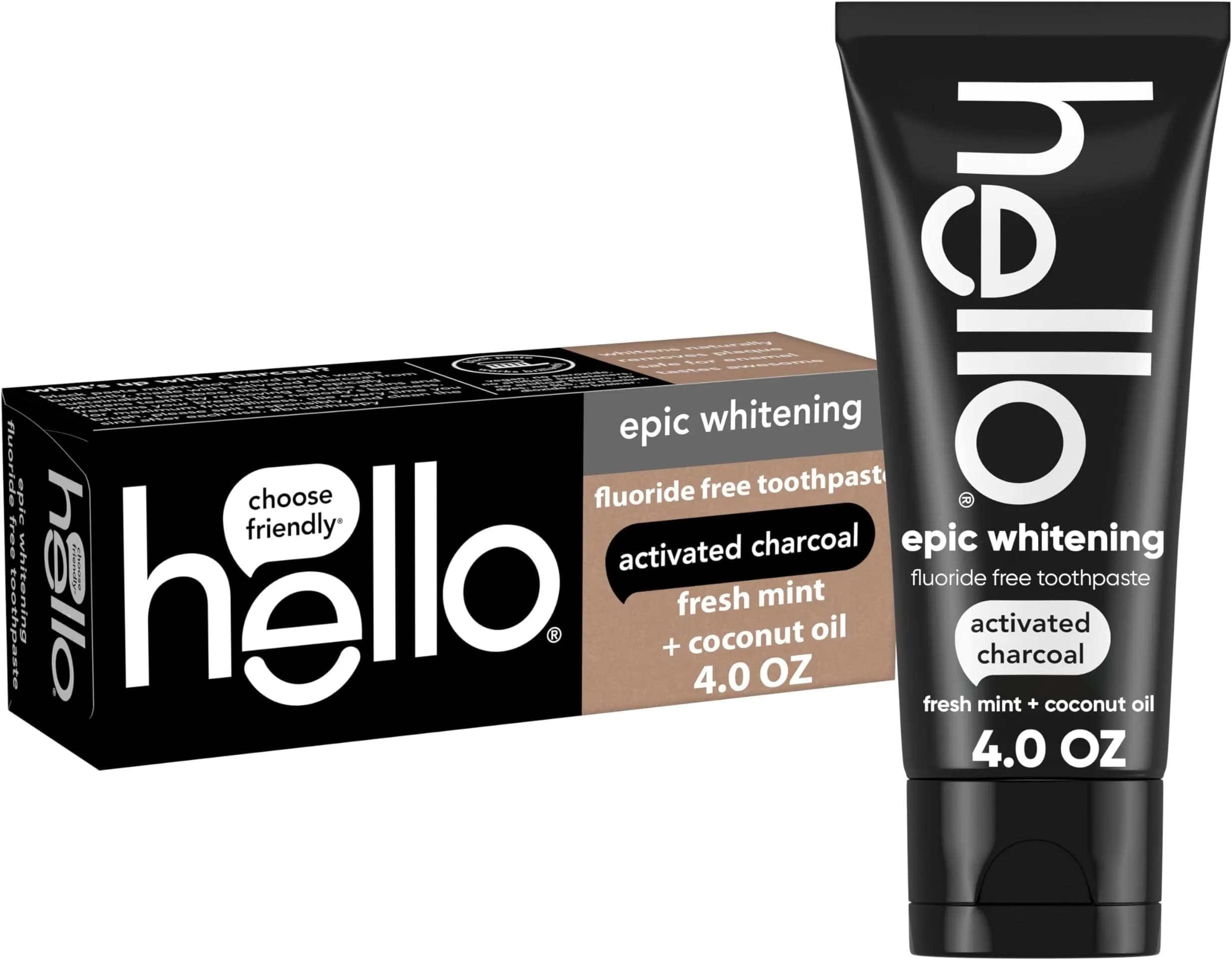 hello Epic Whitening Charcoal Fluoride Free Toothpaste, Activated Charcoal Toothpaste with Coconut Oil, Fresh Mint, 48 oz (Pack of 12) | Whitens Teeth Naturally