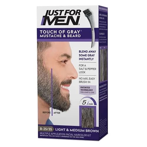 Just For Men Touch of Gray Mustache & Beard Coloring B-25/35 Light-Medium Brown Pack of 12 | Subtle Salt & Pepper Look thumbnail 1
