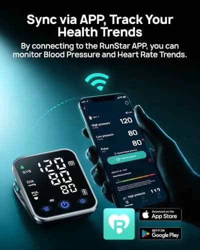 RunStar Smart Blood Pressure Monitor BP-206 with iOS & Android App | 20.3cm-42cm (8.6''-16.5'') Cuff, 12.7cm (5.0'') Display, 5-Month Battery thumbnail 2