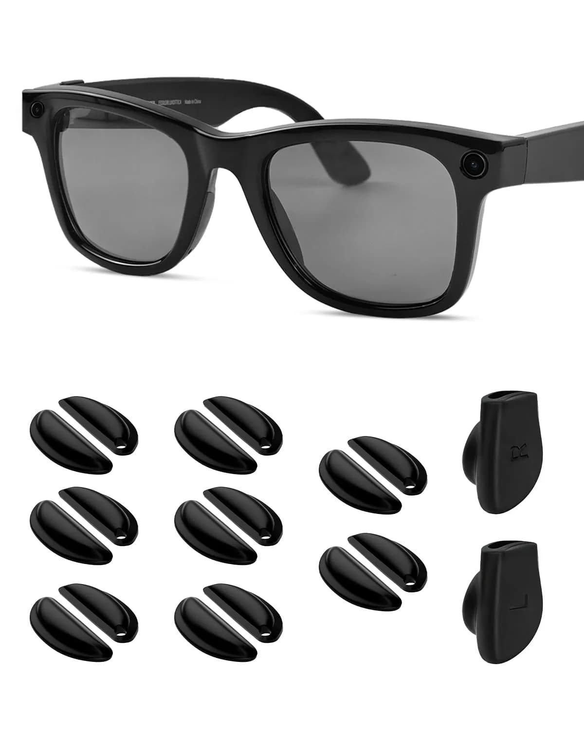 BandSmith Compatible with Ray-Ban Meta Wayfarer Eyeglass Nose Pad 8 Pairs (Black) — Black-1 Pair Ear Grip + 8 Pair Nose Pads