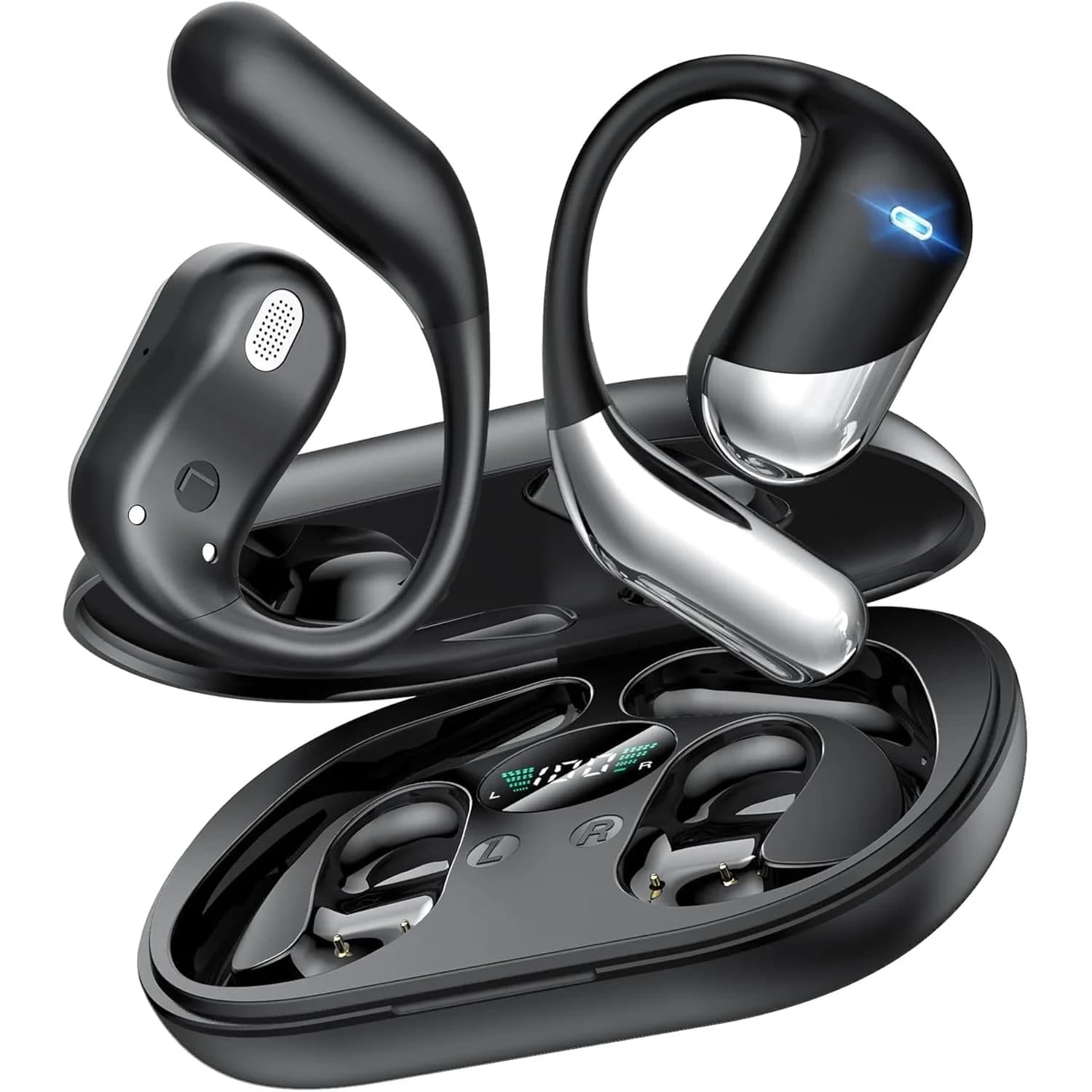 Paekole AI Translation Earbuds, Over Ear Bone Conduction Headphones with Digital Display, 60H Playtime, IP55 Waterproof | paekole blue headphone — Matte Black