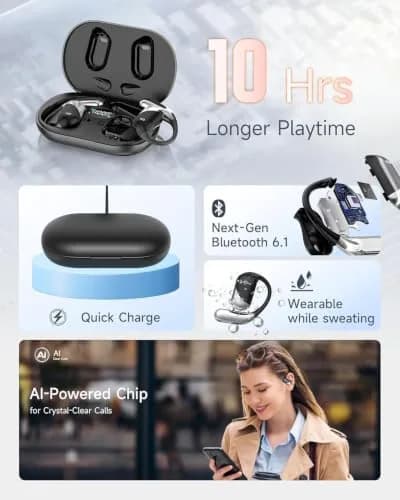 Paekole AI Translation Earbuds, Over Ear Bone Conduction Headphones with Digital Display, 60H Playtime, IP55 Waterproof | paekole blue headphone thumbnail 5