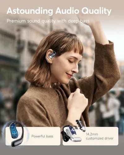 Paekole AI Translation Earbuds, Over Ear Bone Conduction Headphones with Digital Display, 60H Playtime, IP55 Waterproof | paekole blue headphone thumbnail 2