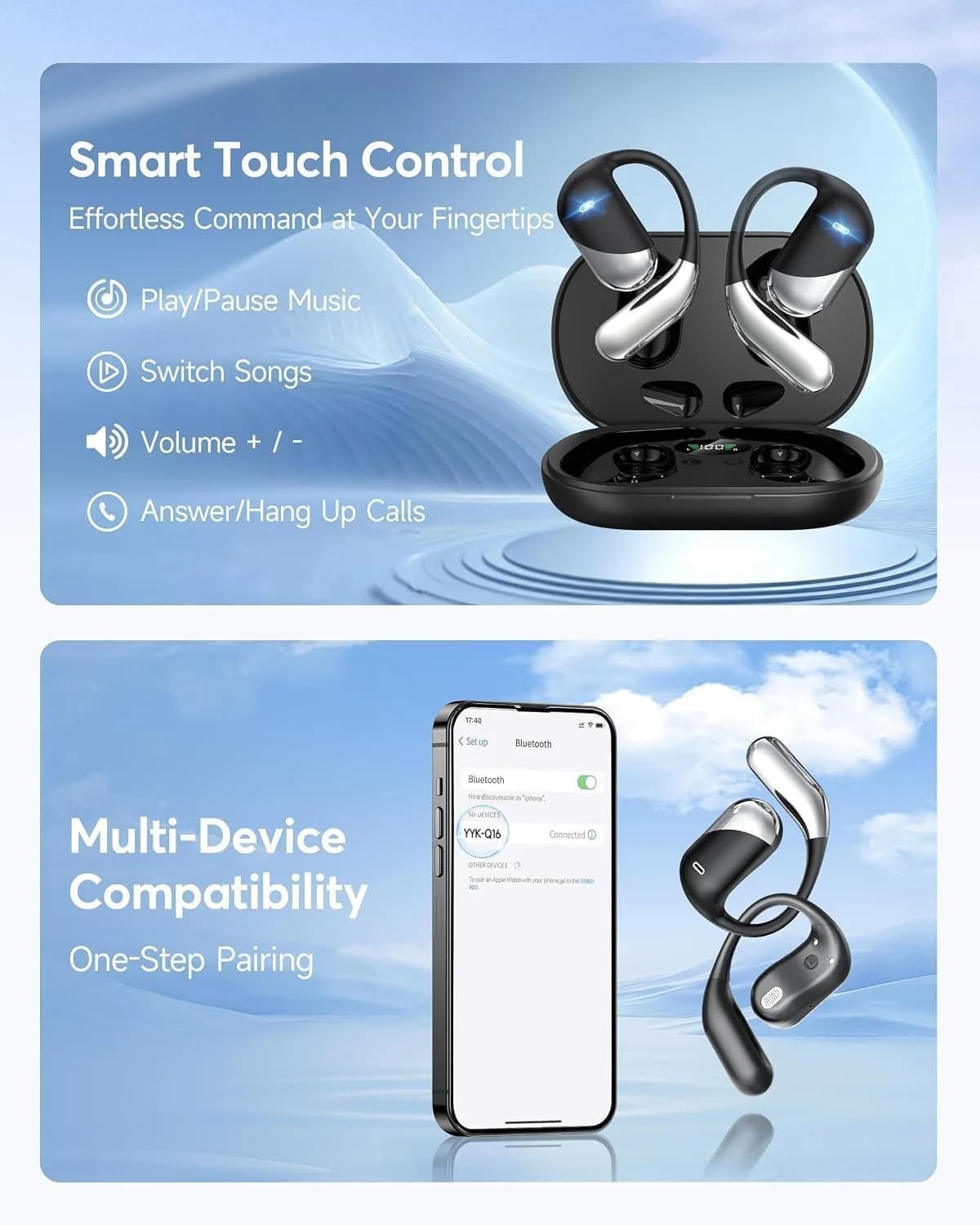Paekole AI Translation Earbuds, Over Ear Bone Conduction Headphones with Digital Display, 60H Playtime, IP55 Waterproof | paekole blue headphone - view 3