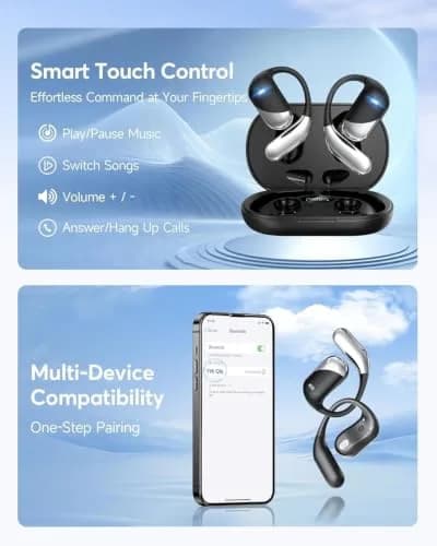 Paekole AI Translation Earbuds, Over Ear Bone Conduction Headphones with Digital Display, 60H Playtime, IP55 Waterproof | paekole blue headphone thumbnail 3