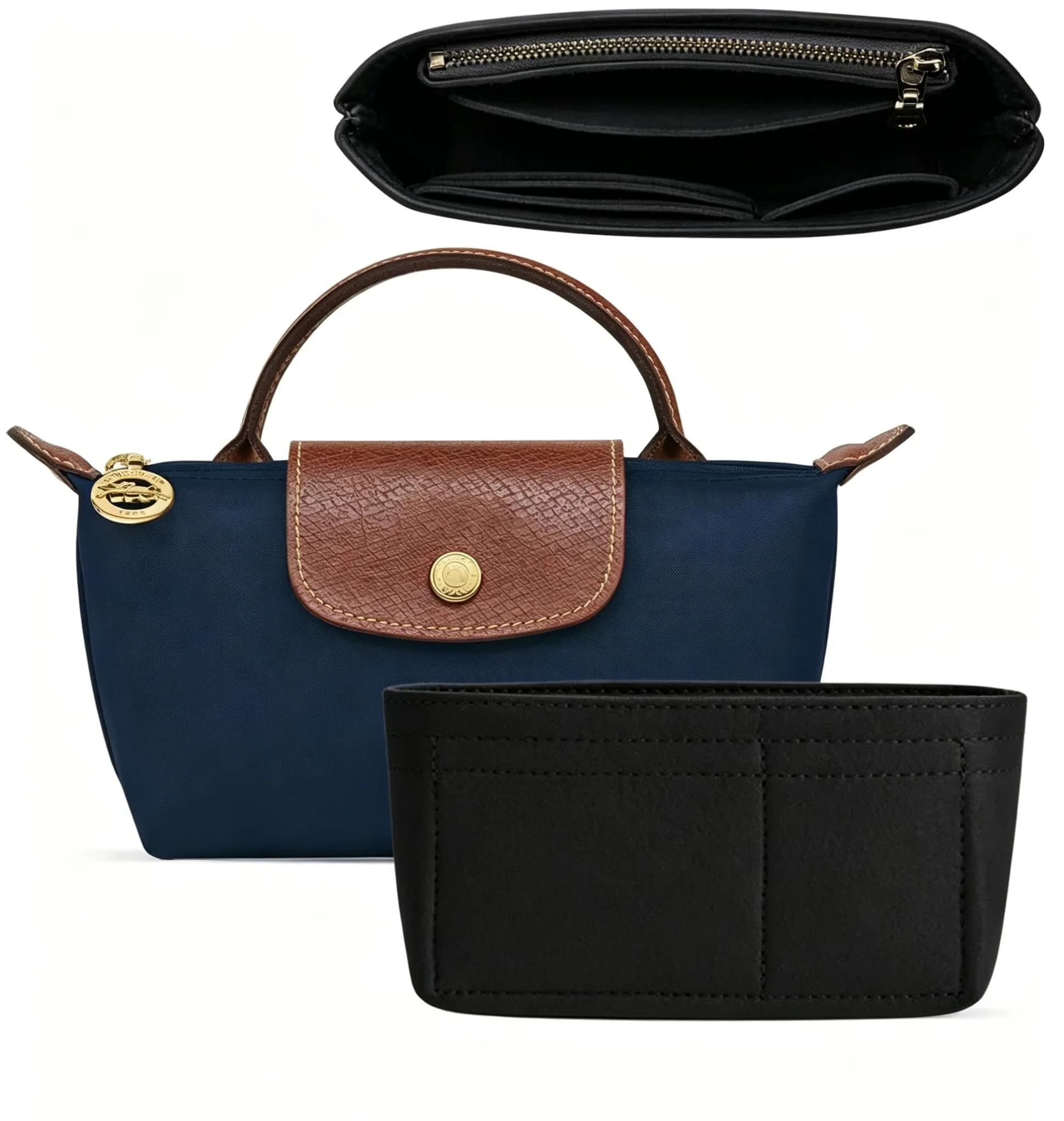 Umiup Felt Mini Purse Organizer Insert for Longchamp Small Tote Bag XS 1.97" x 6.5" x 3.15" | Keeps Bags Clutter-Free — New Black