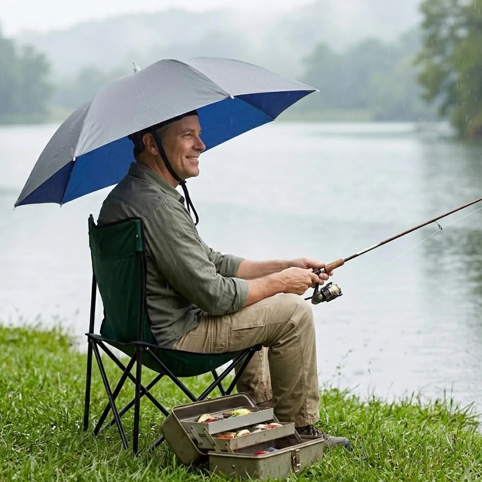 Luwint 91cm Silver-Blue Hands-Free Umbrella Hat with Adjustable Chin Strap for Sun & Rain Protection - view 2