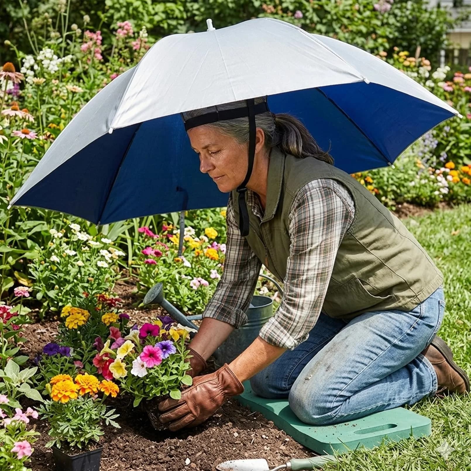 Luwint 91cm Silver-Blue Hands-Free Umbrella Hat with Adjustable Chin Strap for Sun & Rain Protection - view 3
