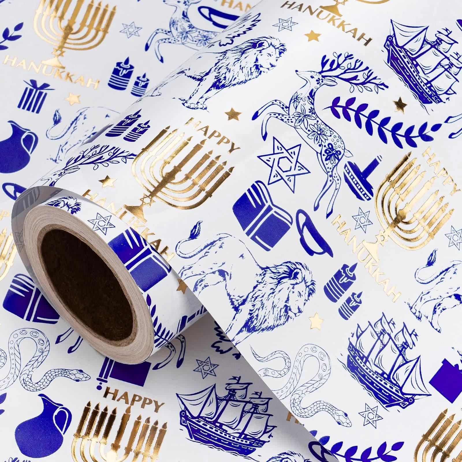 RUSPEPA Hanukkah Wrapping Paper Roll, Mini Roll, Blue Gold Foil Menorah, Lion, Ship & Star of David Design Gift Wrap Paper for Jewish Holiday, Festival Party, Family Celebration, 17 Inch x 16.4 Feet — Gold Foil Menorah / 17 in x 16.4 ft