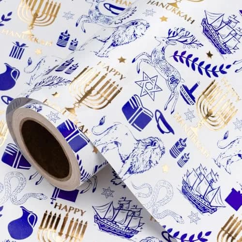 RUSPEPA Hanukkah Wrapping Paper Roll, Mini Roll, Blue Gold Foil Menorah, Lion, Ship & Star of David Design Gift Wrap Paper for Jewish Holiday, Festival Party, Family Celebration, 17 Inch x 16.4 Feet thumbnail 1